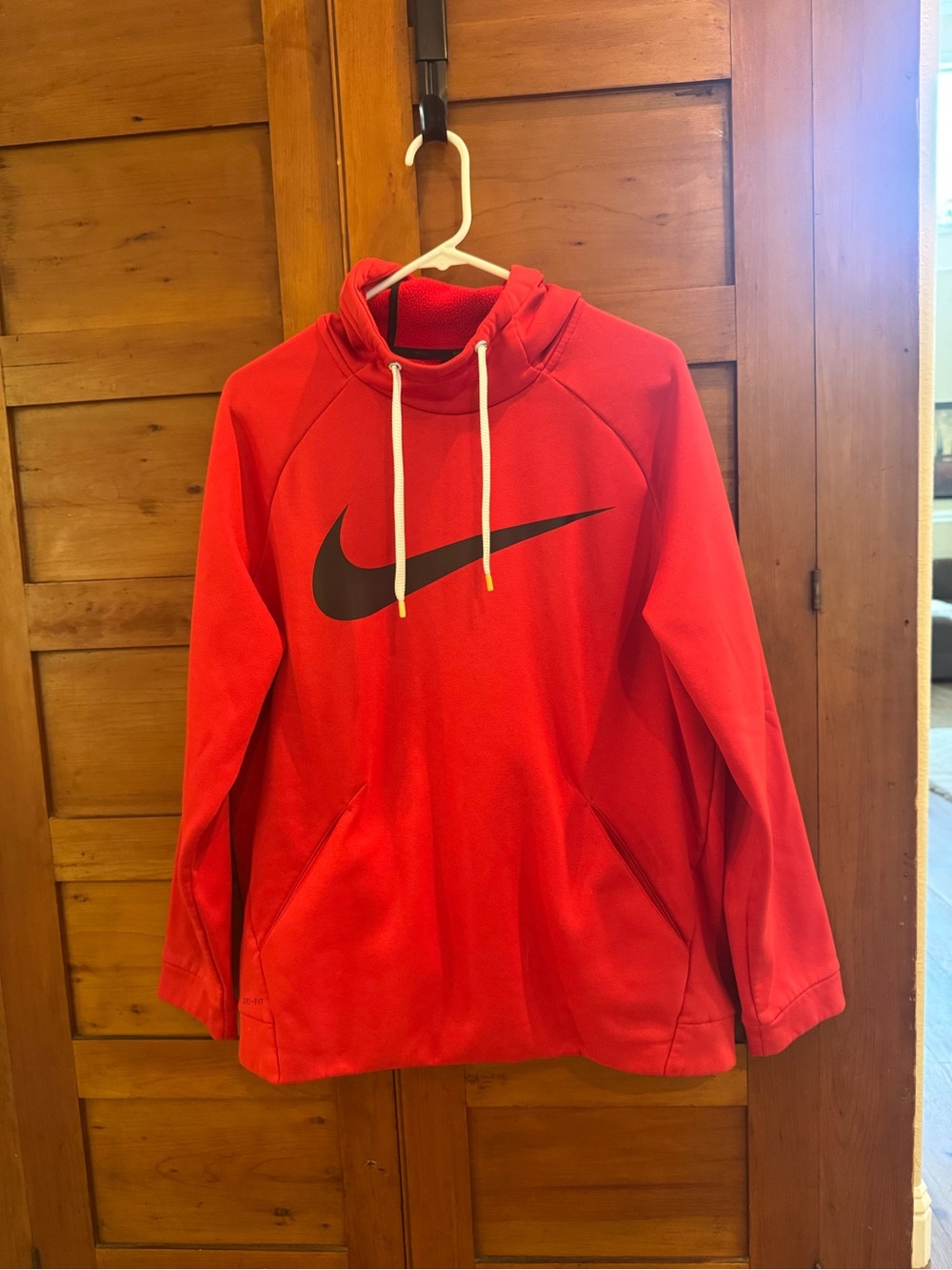 Nike Therma-FIT Red Hoodie Pullover with Large Black Swoosh - Size L